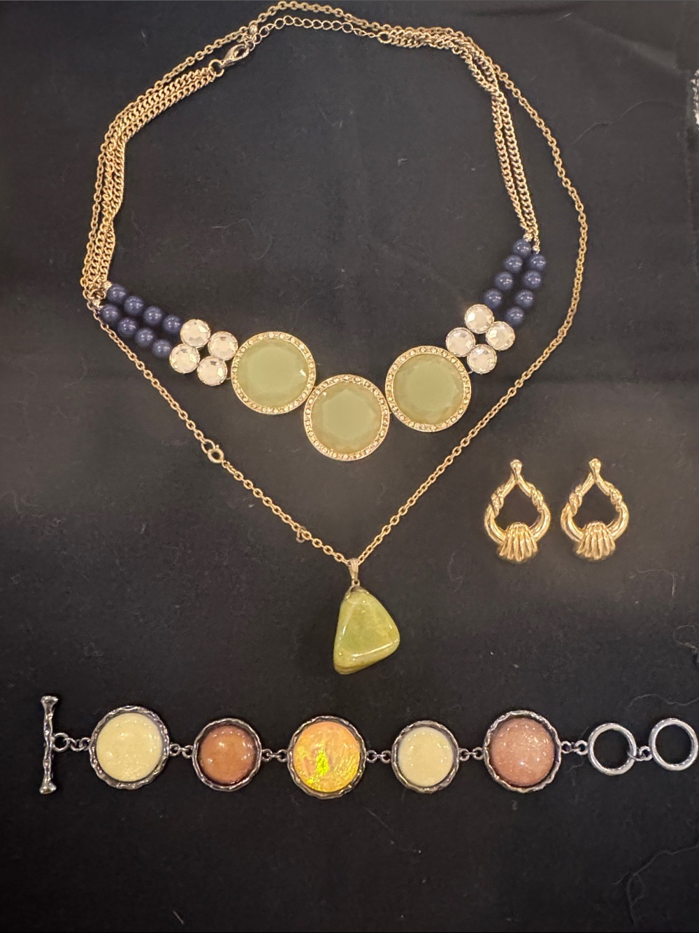 Bundle of 5 pieces. 2 Necklace, 1 Bracelet, Earrings. Neutral gold,greens & blue